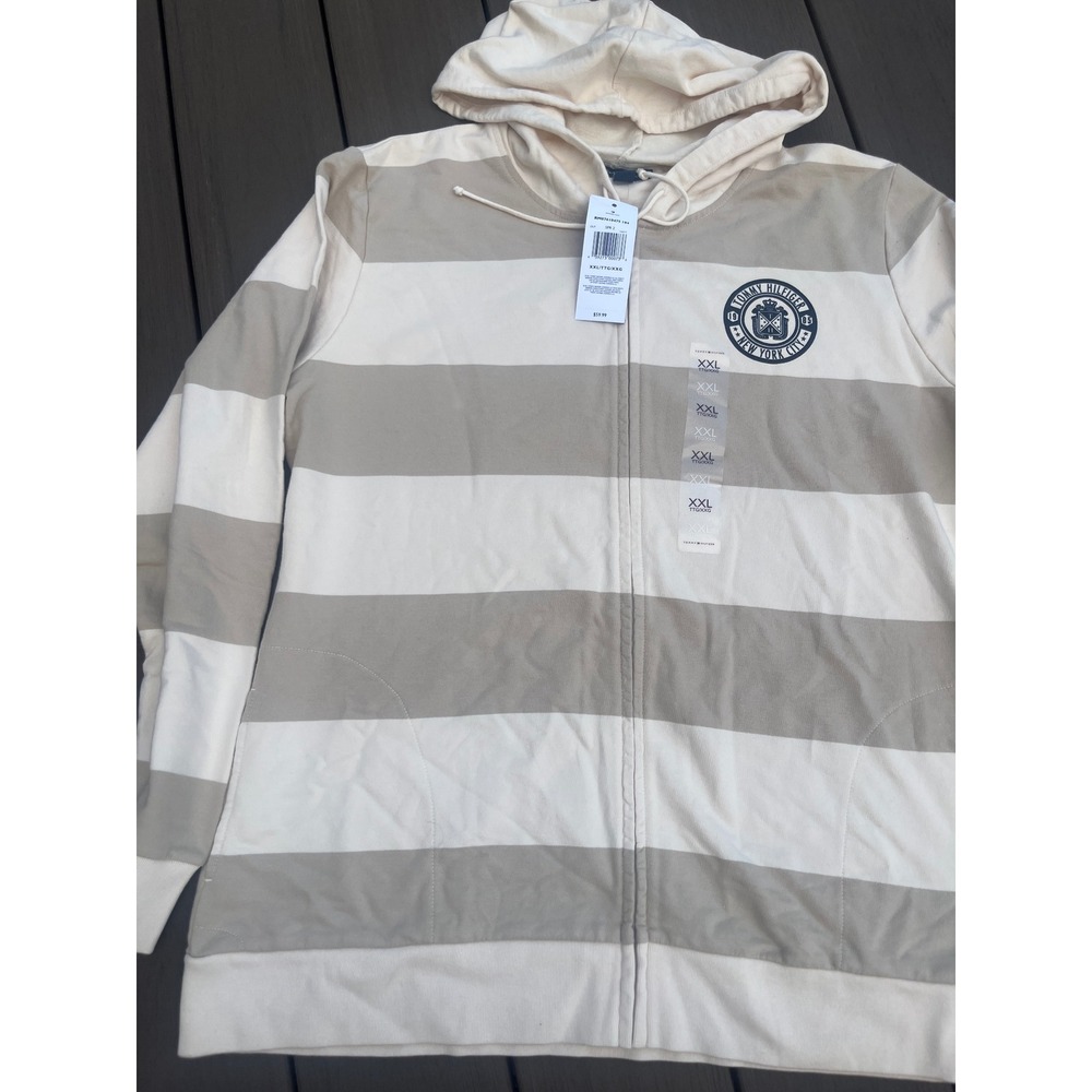 TH / Mens XXL Striped Full Zip Hoodie Tan Cream Crest Logo NWT (211)
